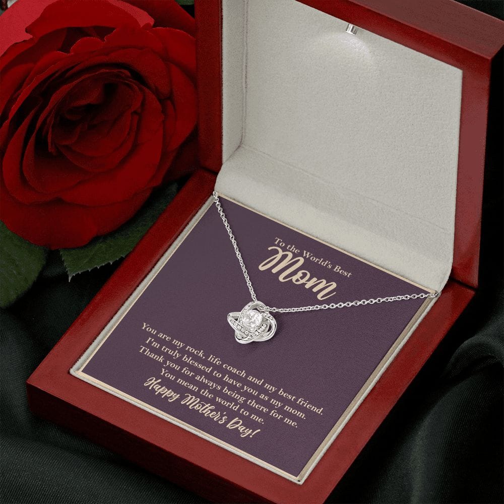 World's Best Mom Love Knot Necklace, Mothers Day Gift from Daughter Son 14K White Gold Finish Luxury Box w/LED - HolidayShoppingFinds