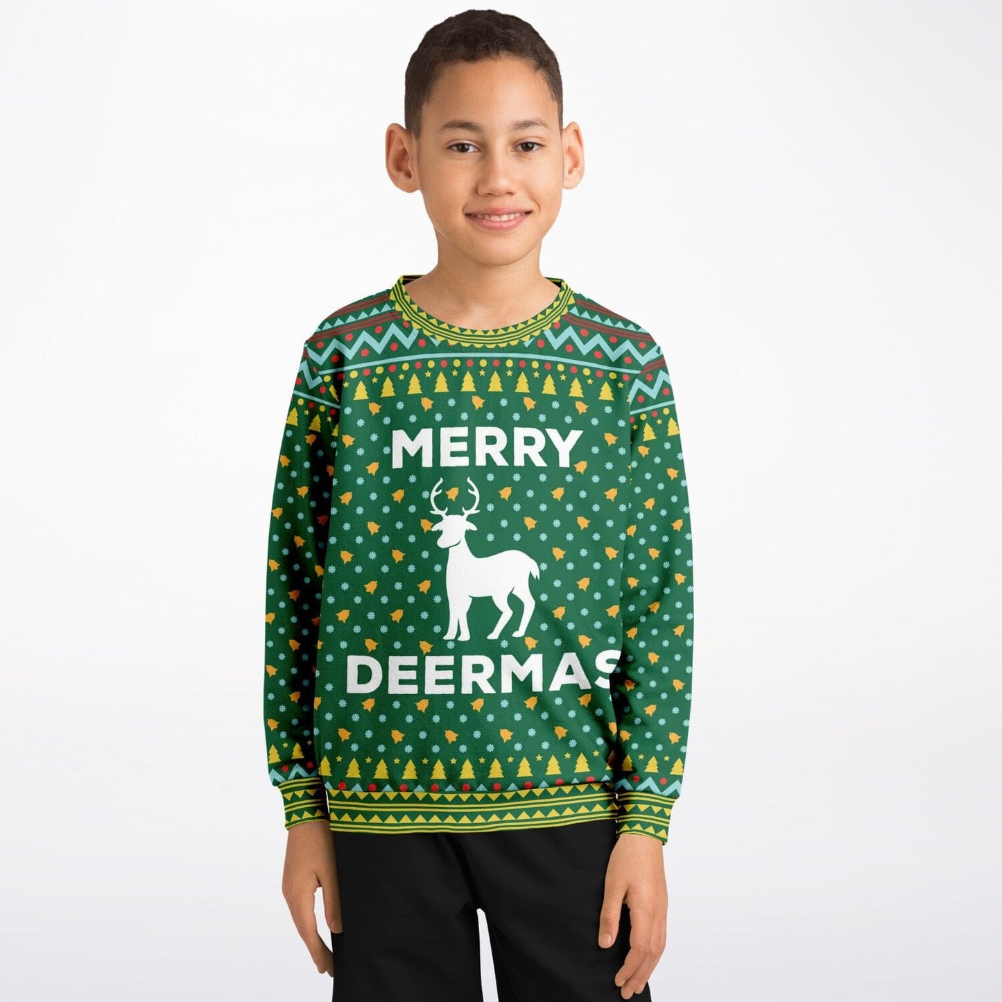 Merry Deermas Ugly Christmas Sweatshirt Kids Athletic Unisex Sweater - HolidayShoppingFinds