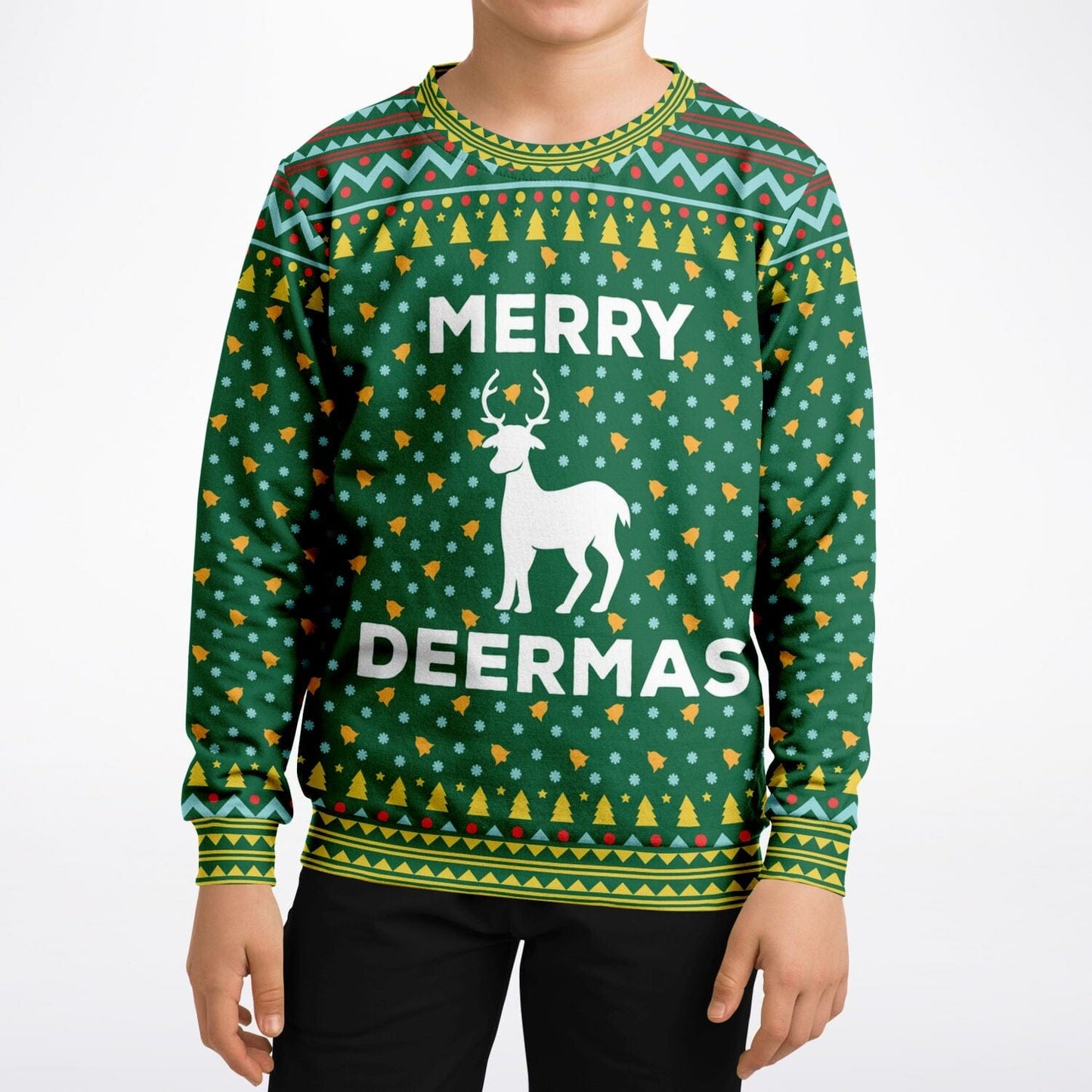 Merry Deermas Ugly Christmas Sweatshirt Kids Athletic Unisex Sweater - HolidayShoppingFinds