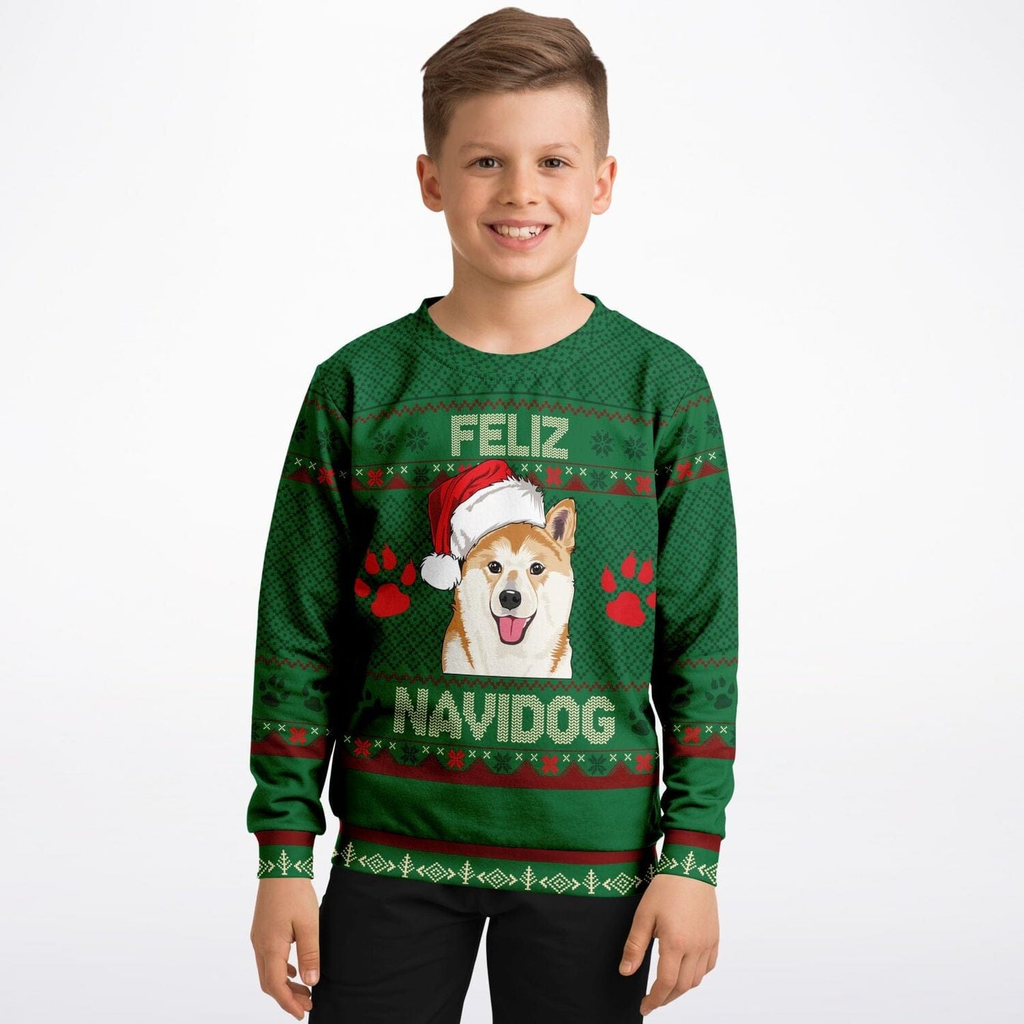 Shiba Inu Feliz Navidog Ugly Christmas Sweatshirt Kids Funny Sweater - HolidayShoppingFinds
