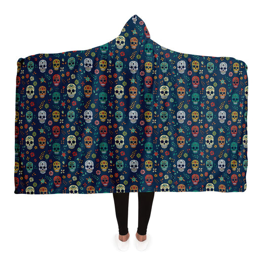 Blue Sugar Skull Day of the Dead Hooded Blanket, Dia de los Muertos Adult Premium Sherpa  - HolidayShoppingFinds