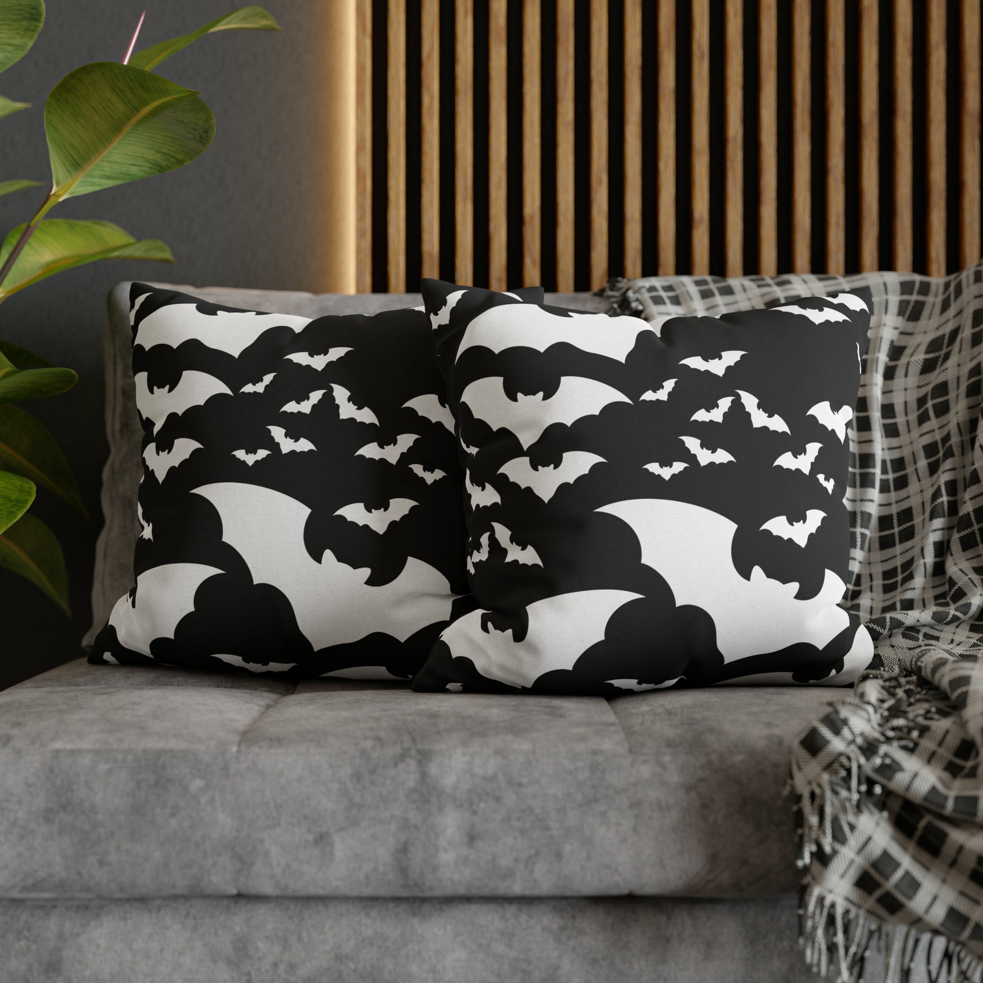 Spooky Bats Pillowcase, Halloween Black Pillow Cover, B&W Goth Pillow, Square 2-Sided Decorative Pillow    - HolidayShoppingFinds