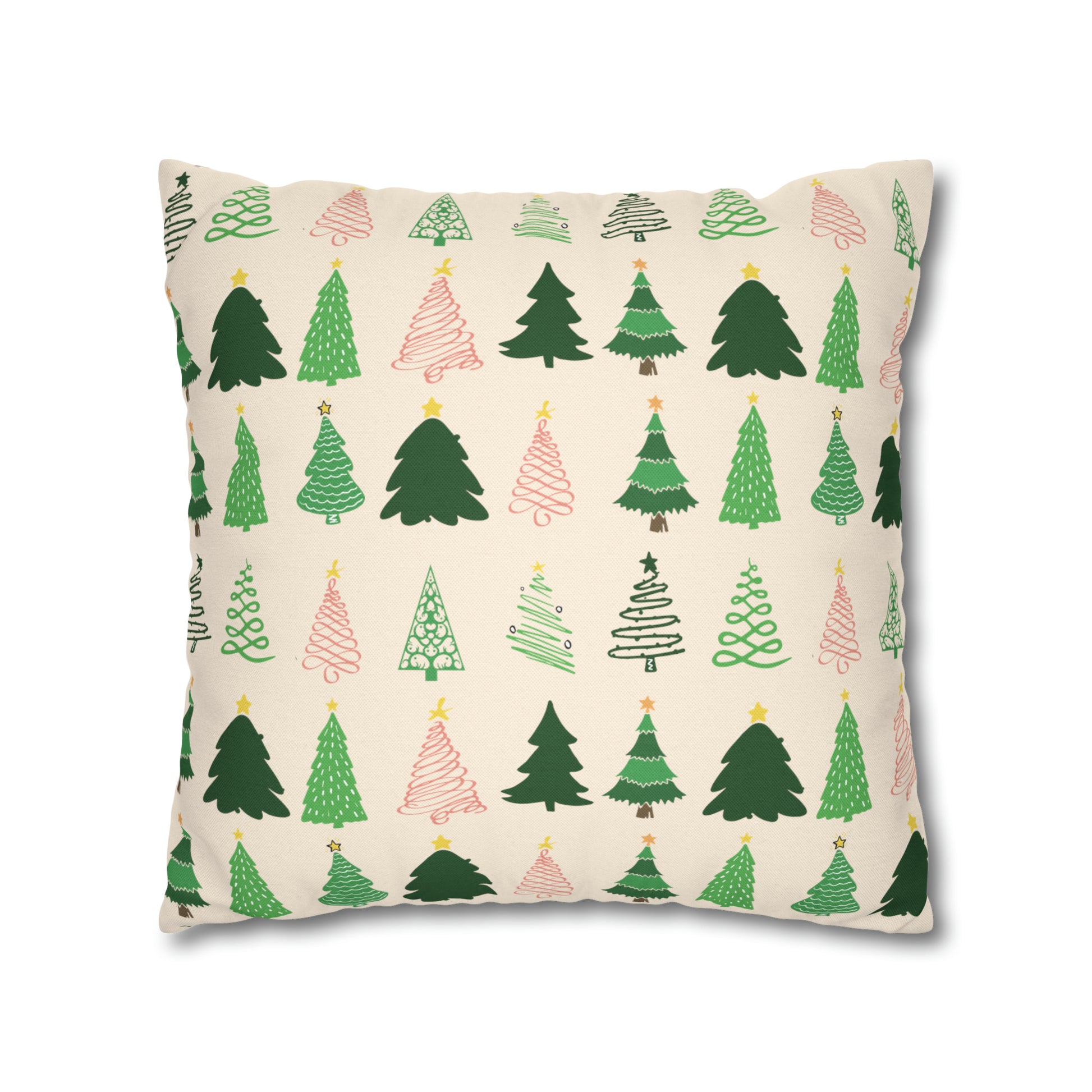 Christmas Trees Square Pillow Case, Creamy Ivory Winter Throw    - HolidayShoppingFinds