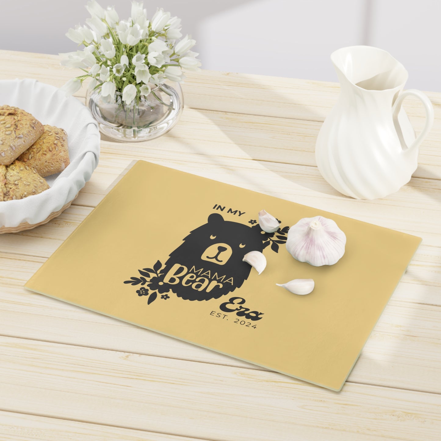 Custom Mama Bear Glass Cutting Board Yellow, Kitchen Gift for Mom    - HolidayShoppingFinds