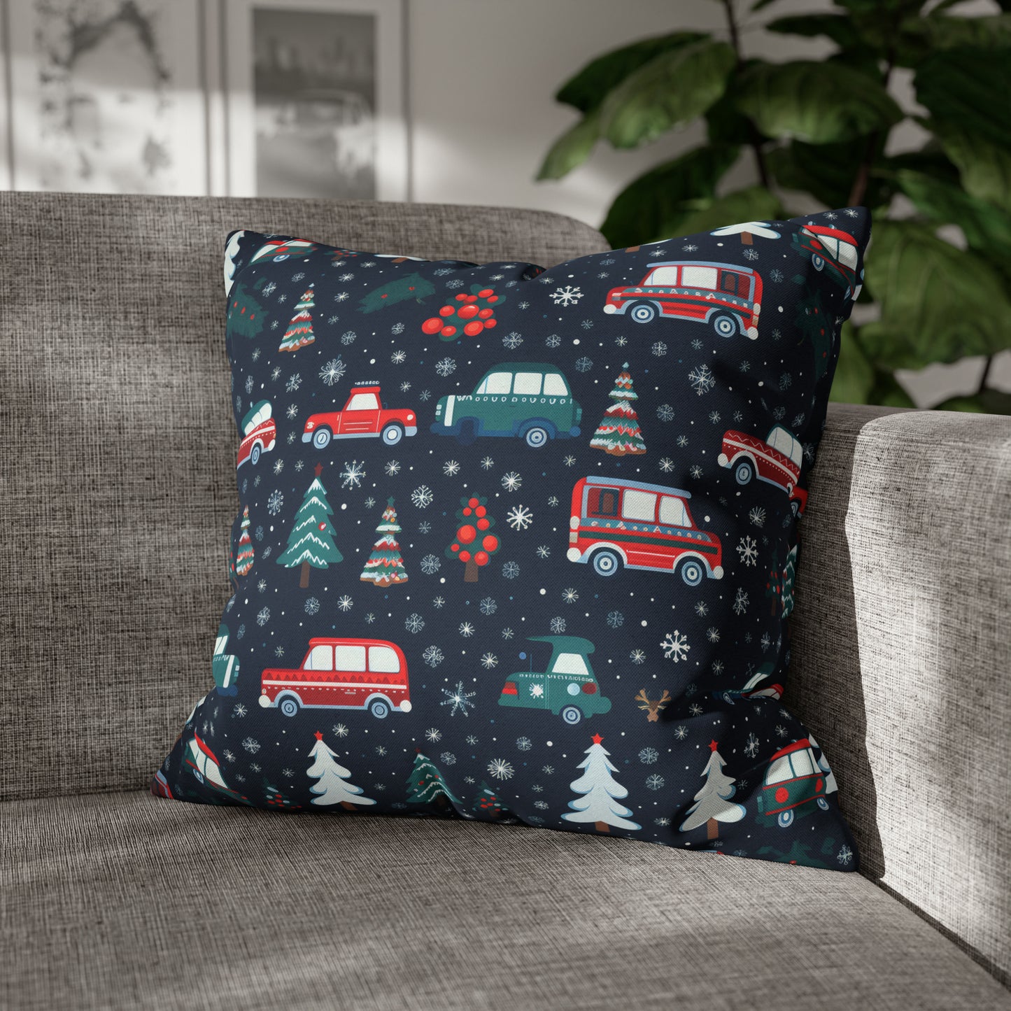 Vanlife Pillow, Camping Holiday Spirit Pillow Case, Cars, Vans & Christmas Trees Décor Blue Pillow Cover, Holiday Gift 20" × 20"   - HolidayShoppingFinds