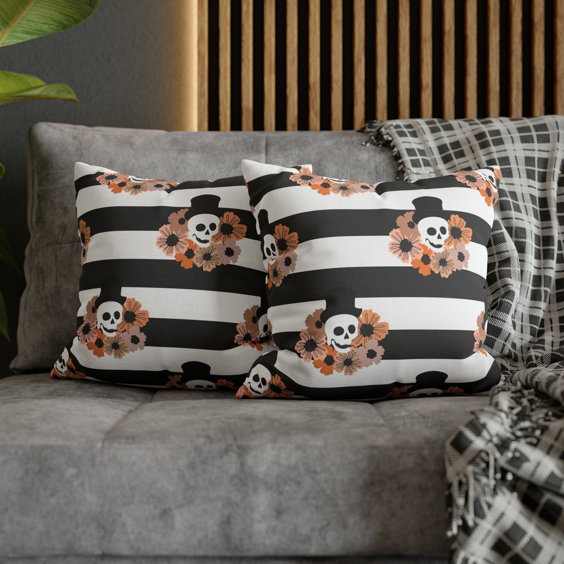 Halloween Phantom Pillowcase, Dia de los Muertos Skull Accent Pillow, 2-Sided Square B&W Decorative Pillow 16" × 16"   - HolidayShoppingFinds