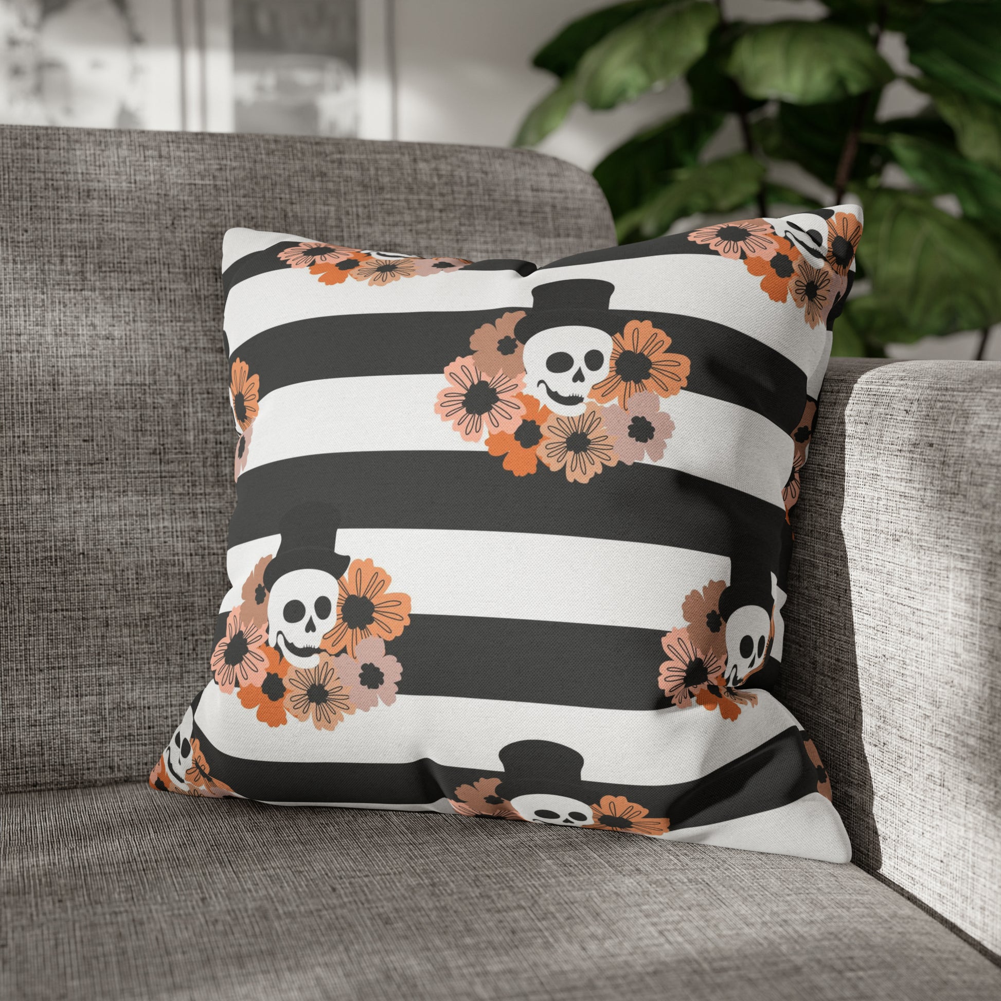 Halloween Phantom Pillowcase, Dia de los Muertos Skull Accent Pillow, 2-Sided Square B&W Decorative Pillow    - HolidayShoppingFinds