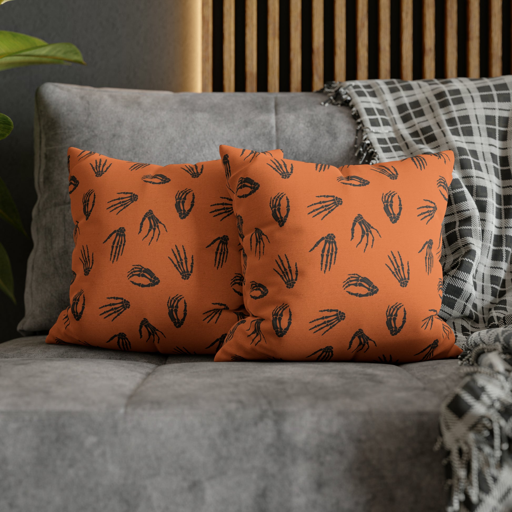 Skeleton Hands Pillowcase Halloween Orange Pillow Spooky Accent Pillow 14" × 14"   - HolidayShoppingFinds