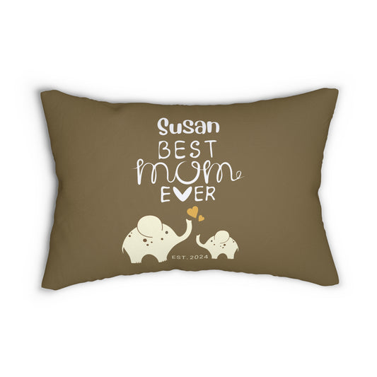 Personalized Best Mom Ever Lumbar Pillow Khaki, Gift for Mom, Mom Baby Elephants 20" × 14"   - HolidayShoppingFinds