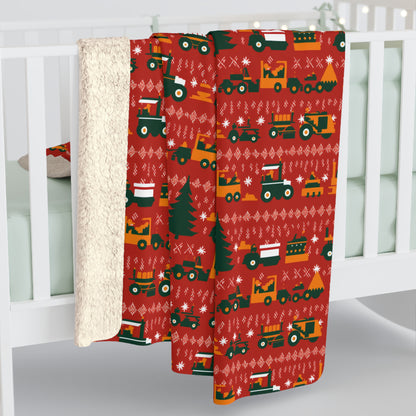 Construction Trucks Sherpa Blanket, Kids Blanket, Tractors Farm Themed Throw Blanket, Red Fleece Blanket    - HolidayShoppingFinds