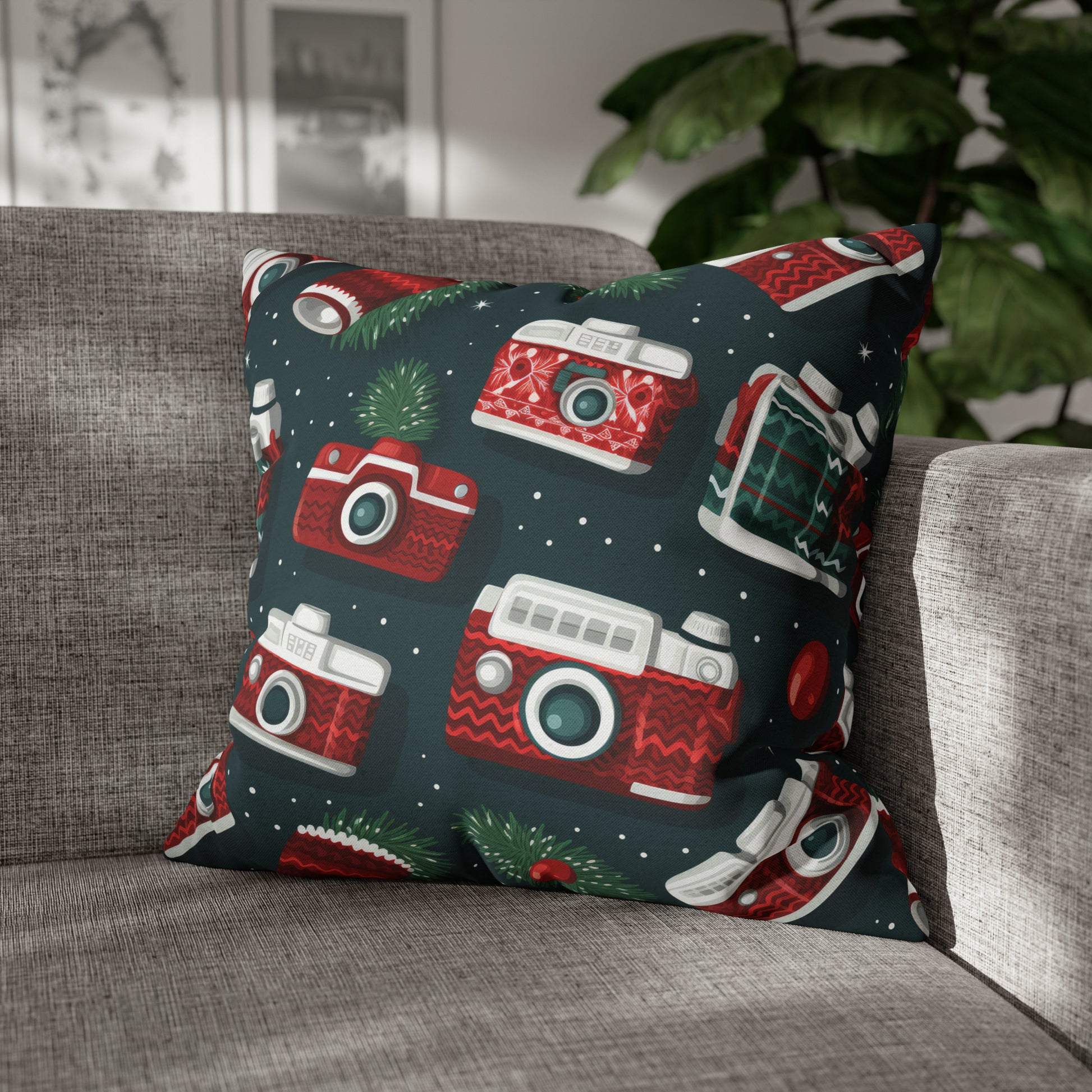 Vintage Camera Holiday Green Retro Pillow Case, Christmas Pillow Throw, Holiday Gift 20" × 20"   - HolidayShoppingFinds