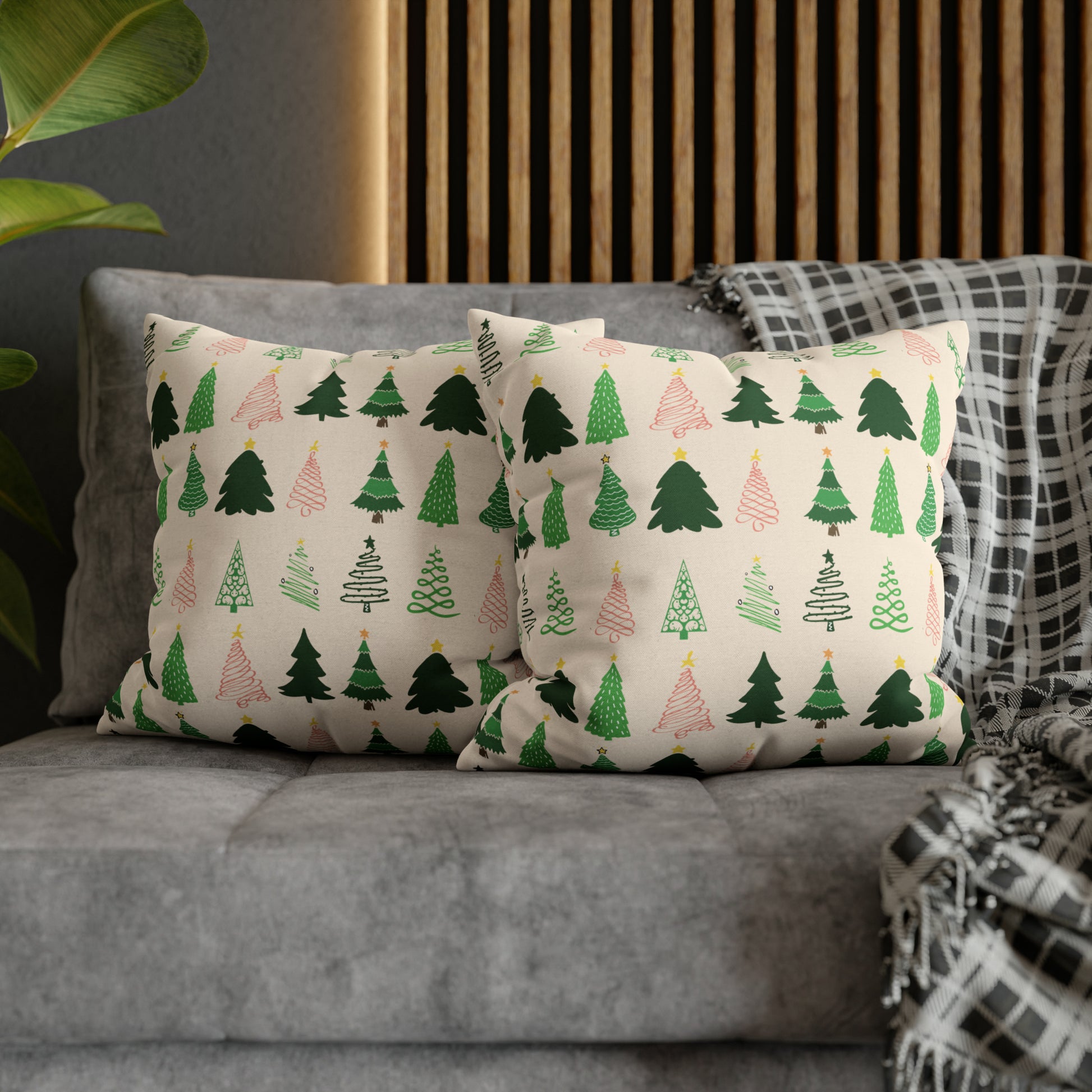 Christmas Trees Square Pillow Case, Creamy Ivory Winter Throw    - HolidayShoppingFinds