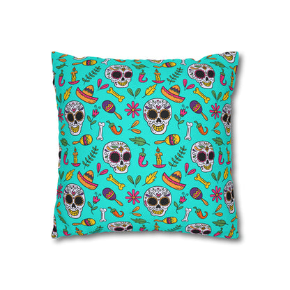 Sugar Skull Pillowcase, Day of the Dead Pillow Cover, Dia de Los Muertos Pillow, Halloween Pillow, Turquoise Decorative Square Pillow    - HolidayShoppingFinds