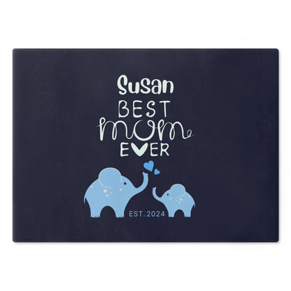 Personalized Best Mom Ever Glass Cutting Board, Gift for Mom, Elephants Cutting Board Blue Large   - HolidayShoppingFinds