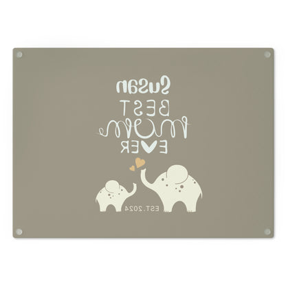 Personalized Best Mom Ever Glass Cutting Board, Gift for Mom, Elephants Cutting Board Khaki    - HolidayShoppingFinds