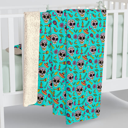 Sugar Skull Sherpa Blanket, Day of the Dead Turquoise Fleece Blanket    - HolidayShoppingFinds