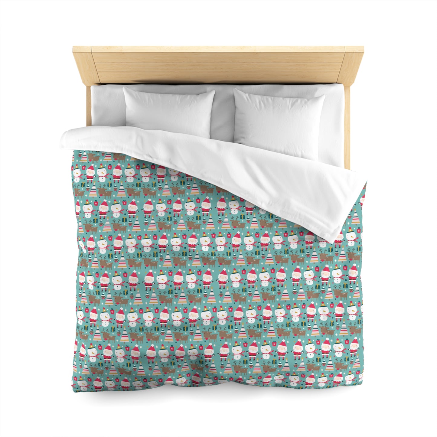 Merry Trio Green Duvet Cover with Santa, Snowman & Reindeer Twin/TwinXL/Queen/King Duvet Queen White  - HolidayShoppingFinds