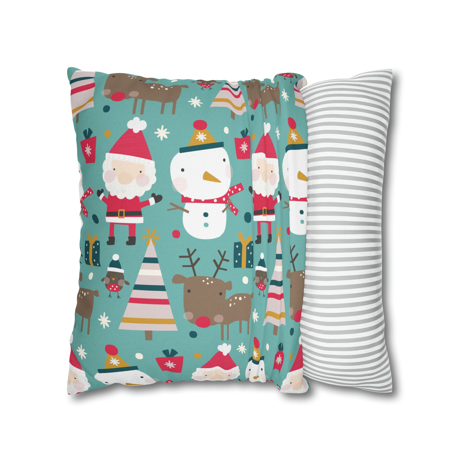 Merry Trio Green Pillowcase with Santa, Snowman & Reindeer Pillow Case Cover    - HolidayShoppingFinds