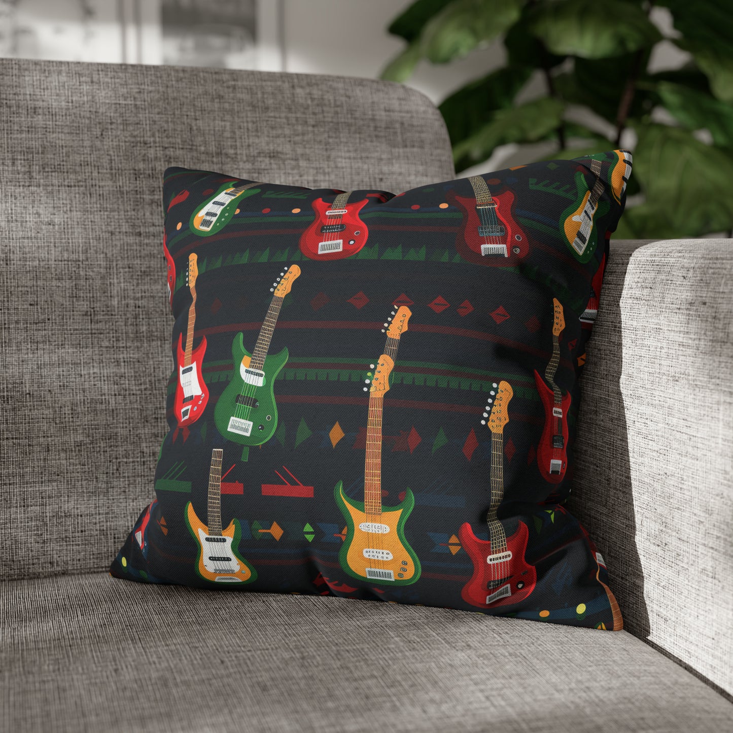 Rockstar Electric Guitar Pillowcase Cover, Red Green Yellow Guitars Accent Pillow 16" × 16"   - HolidayShoppingFinds