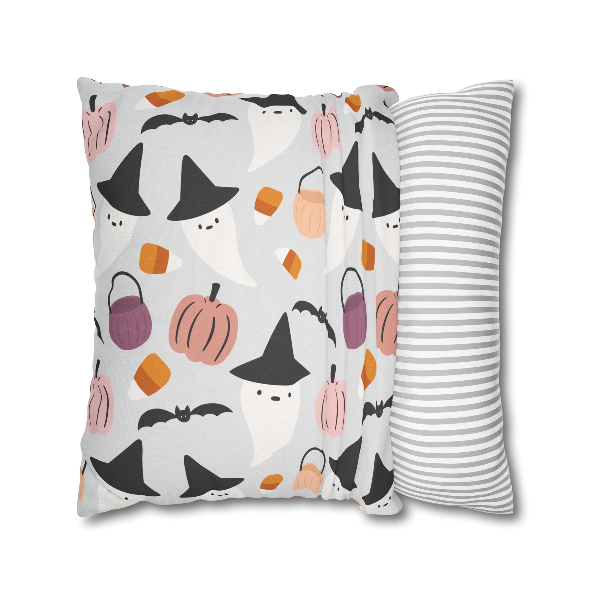 Whimsical Pillowcase, Halloween Ghost Bats Witch Hat Pumpkin Gray Pillow    - HolidayShoppingFinds