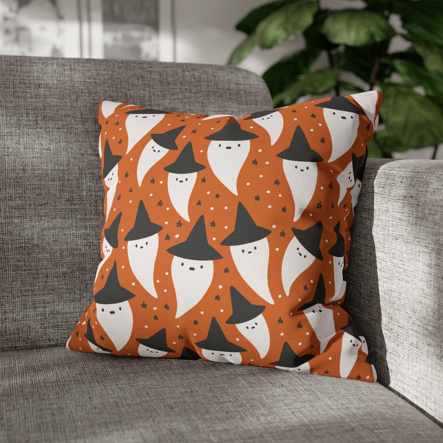 Whimsical Pillowcase, Spooky Ghosts Halloween Orange Pillow Cover 2-Sided Square Pillow Case Throw Cover 18" × 18"   - HolidayShoppingFinds