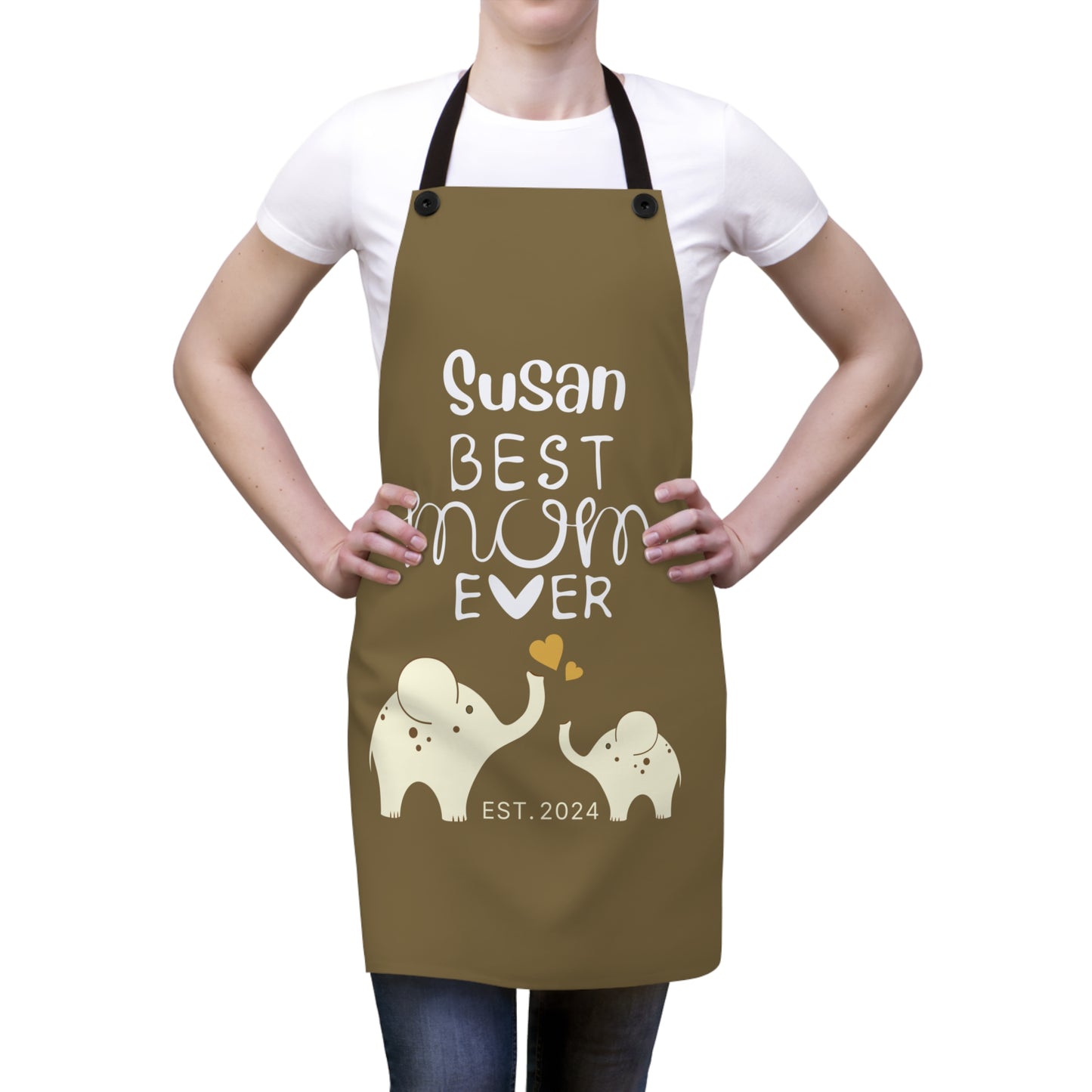 Personalized Best Mom Ever Gift Apron Khaki Elephants, Gift for Mom Chef Apron One Size   - HolidayShoppingFinds