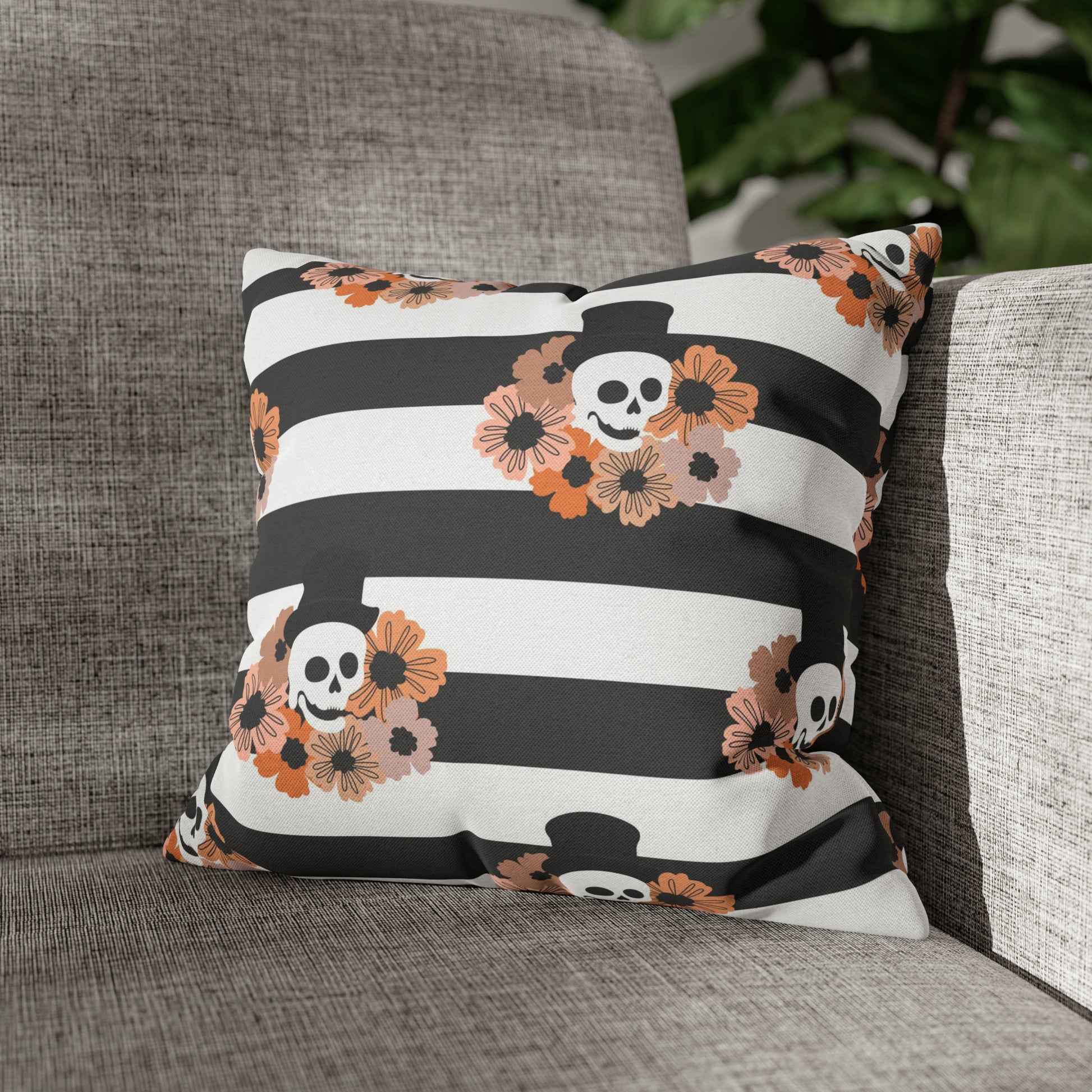 Halloween Phantom Pillowcase, Dia de los Muertos Skull Accent Pillow, 2-Sided Square B&W Decorative Pillow    - HolidayShoppingFinds