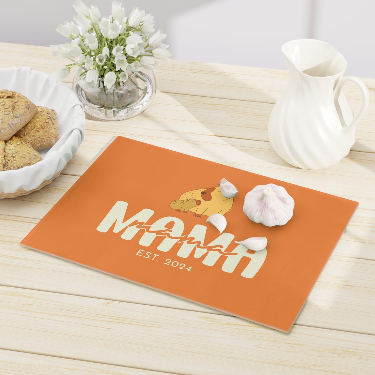 Personalized Mama Capybara Glass Cutting Board Orange, Gift For Moms    - HolidayShoppingFinds