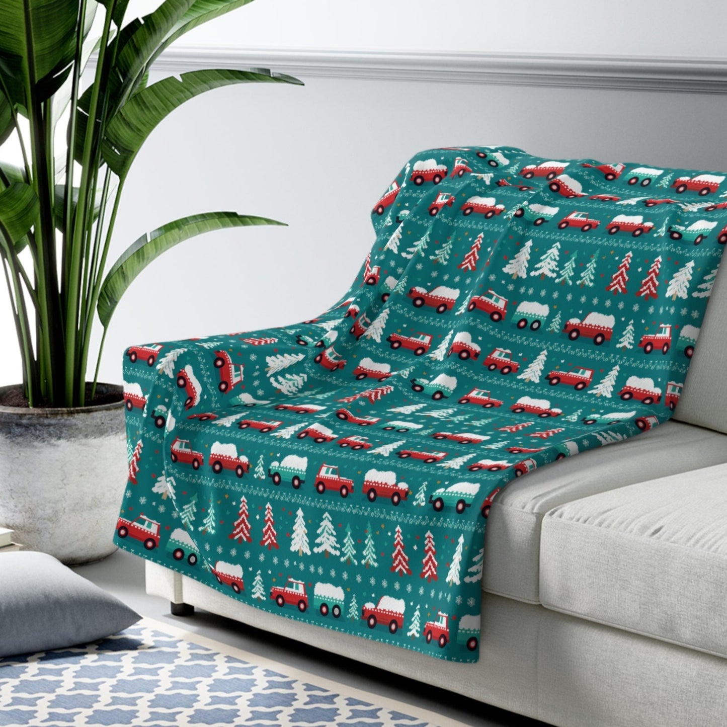 Winter Roadtrip Sherpa Blanket, Snowy Cars Vehicle-Themed Throw Blanket, Teal Blanket 50" × 60"   - HolidayShoppingFinds