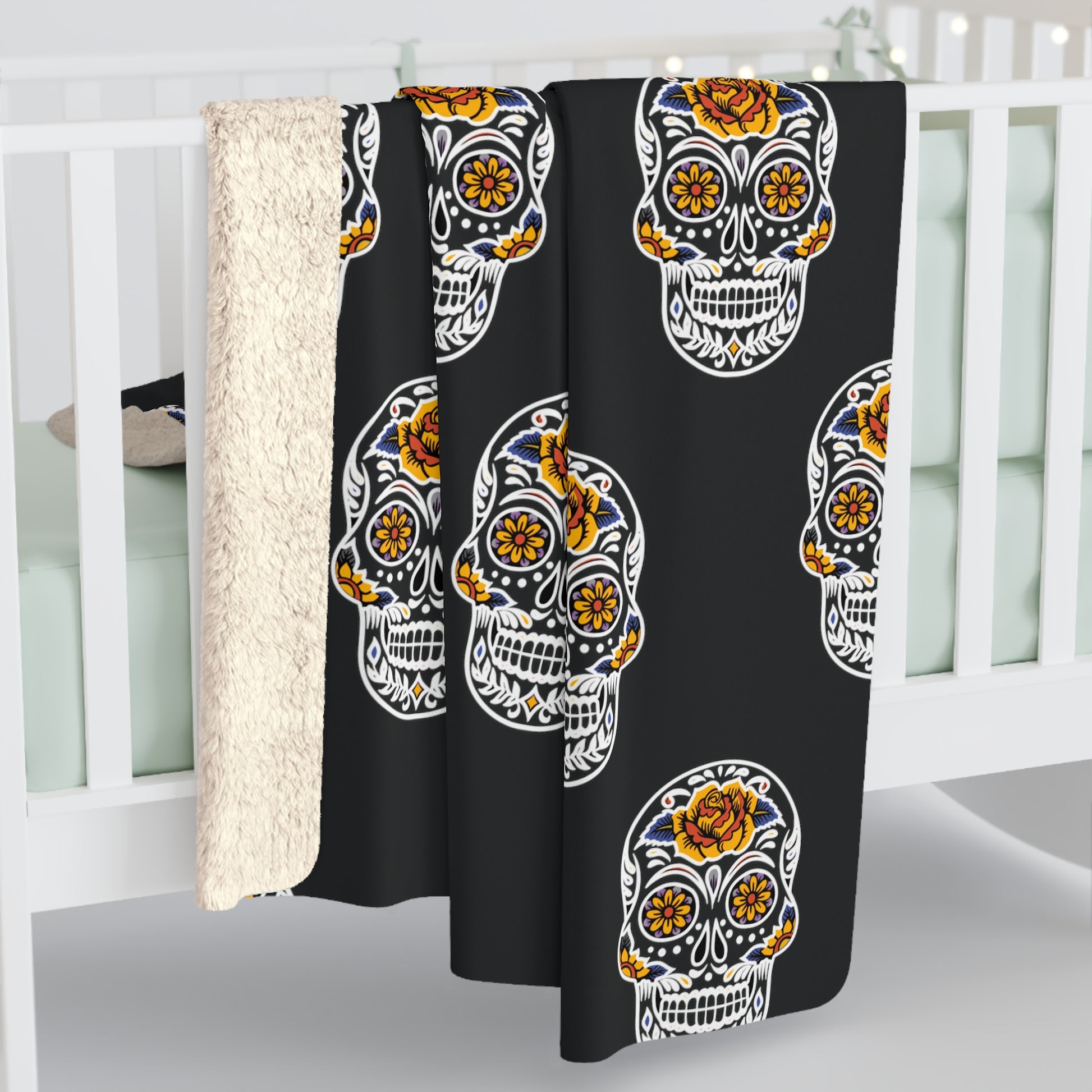 Sugar Skull Sherpa Blanket, Day of the Dead Blanket, Halloween B&W Throw Blanket    - HolidayShoppingFinds