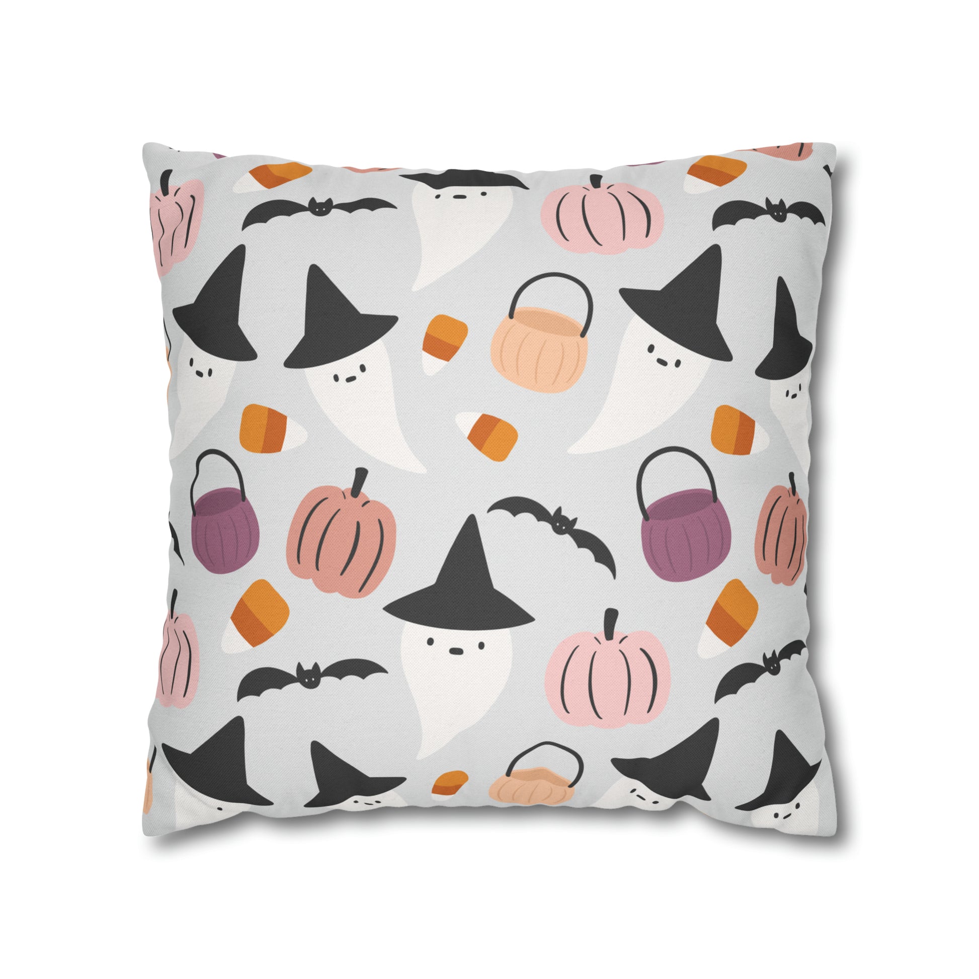 Whimsical Pillowcase, Halloween Ghost Bats Witch Hat Pumpkin Gray Pillow    - HolidayShoppingFinds