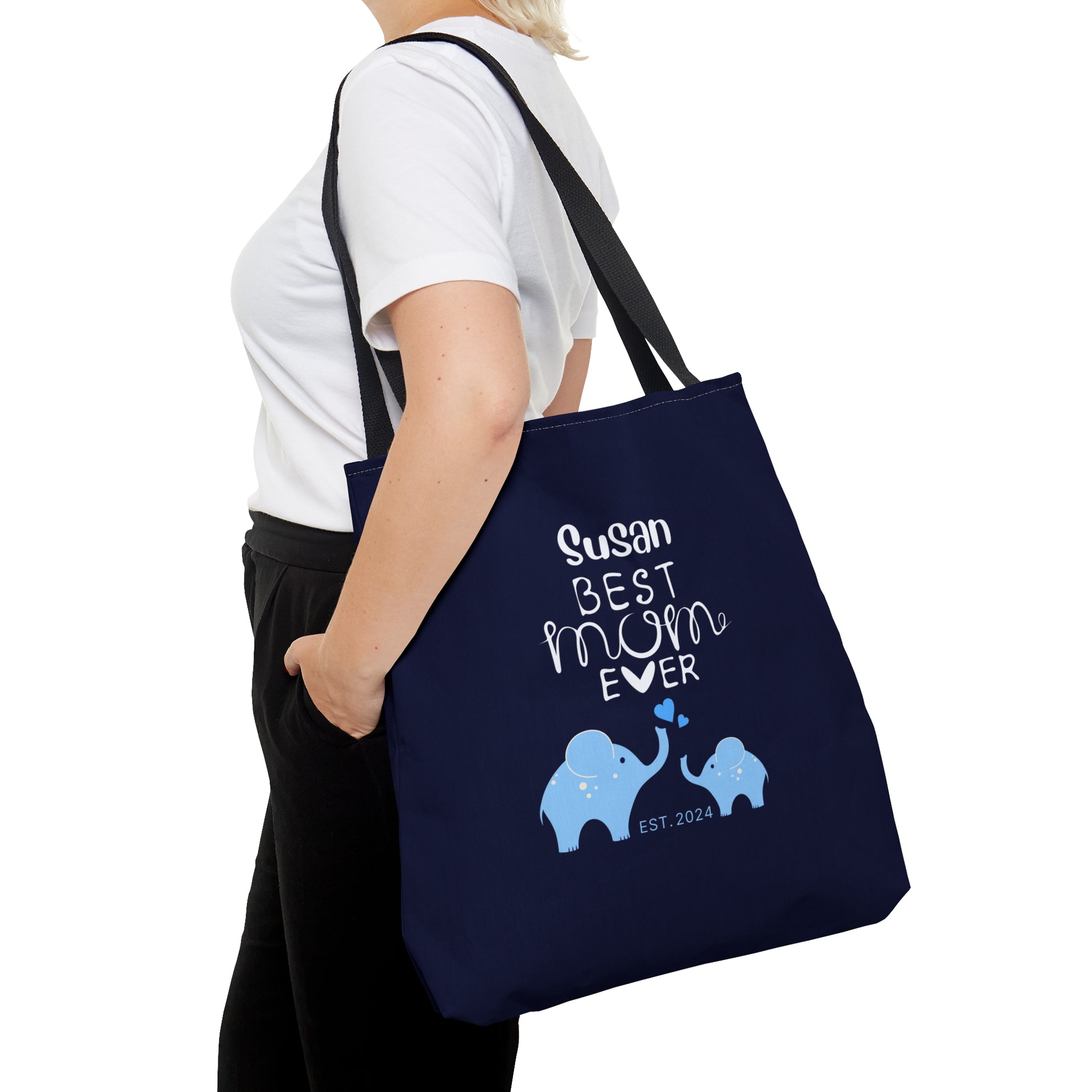 Personalized Best Mom Ever Tote Bag Gift for Mom, Baby Elephants Blue Tote    - HolidayShoppingFinds