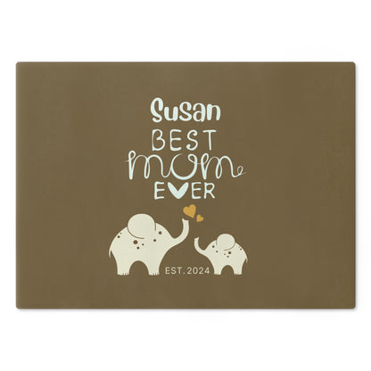 Personalized Best Mom Ever Glass Cutting Board, Gift for Mom, Elephants Cutting Board Khaki Large   - HolidayShoppingFinds