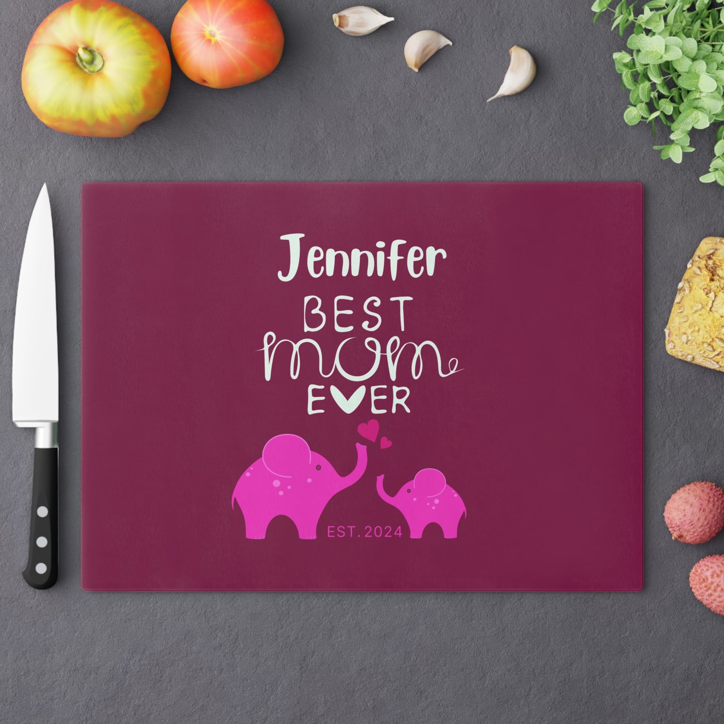 Personalized Best Mom Ever Glass Cutting Board, Gift for Mom, Elephants Cutting Board Pink    - HolidayShoppingFinds