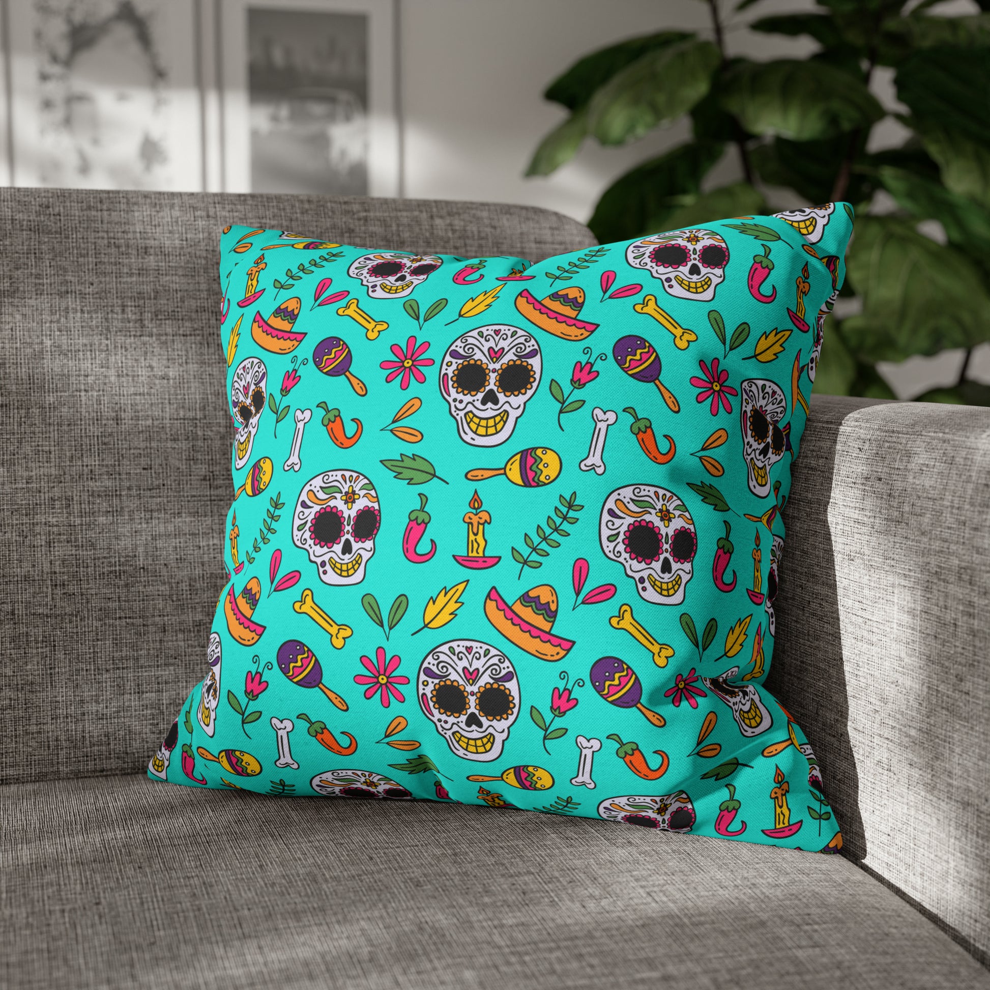 Sugar Skull Pillowcase, Day of the Dead Pillow Cover, Dia de Los Muertos Pillow, Halloween Pillow, Turquoise Decorative Square Pillow 20" × 20"   - HolidayShoppingFinds