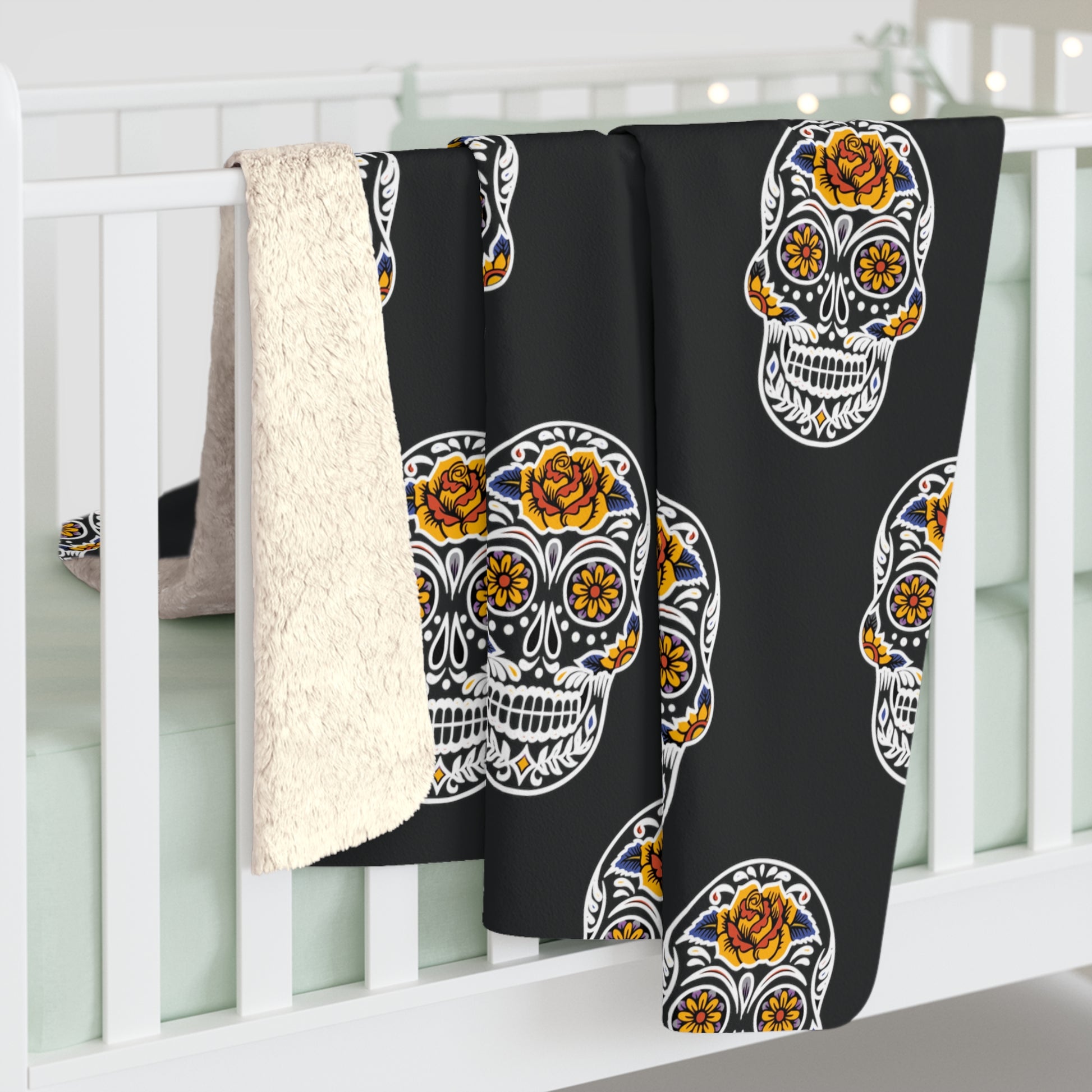 Sugar Skull Sherpa Blanket, Day of the Dead Blanket, Halloween B&W Throw Blanket    - HolidayShoppingFinds