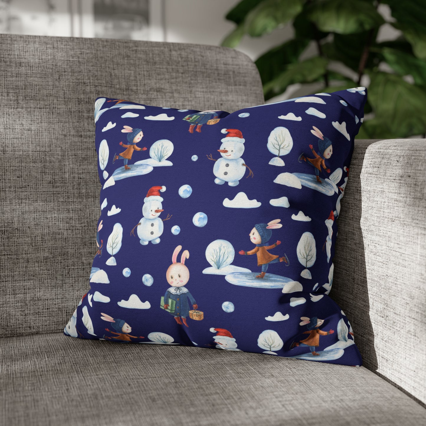 Snowman Pillowcase, Holiday Decor Pillow Cozy Winter Blue Throw Pillow, Holiday Gift 16" × 16"   - HolidayShoppingFinds