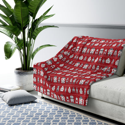 Robots Sherpa Blanket, Gamers Red Throw Blanket, Kids Teens Blanket 60" × 80"   - HolidayShoppingFinds