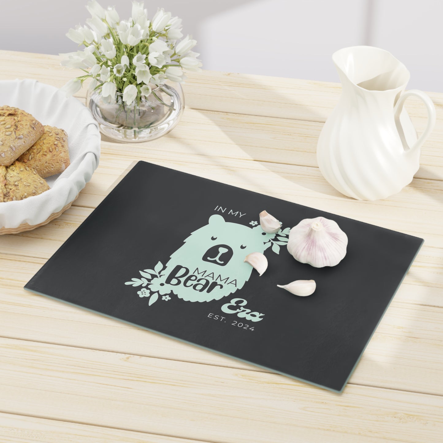 Custom Mama Bear Glass Cutting Board Grey, Kitchen Gift for Mom    - HolidayShoppingFinds