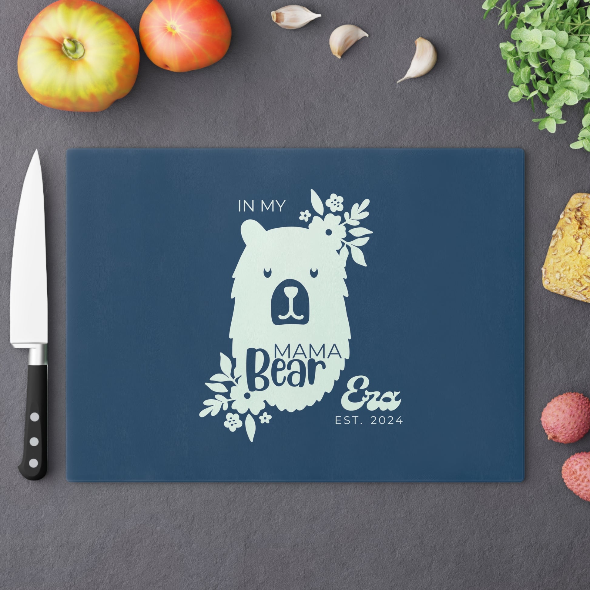 Custom Mama Bear Era Glass Cutting Board Blue, Kitchen Gift for Mom    - HolidayShoppingFinds