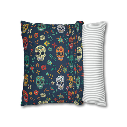 Sugar Skulls Pillowcase, Day of the Dead Pillow, Halloween Accent Blue Pillow Cover, Square Accent Pillow    - HolidayShoppingFinds