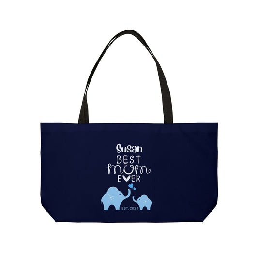 Personalized Best Mom Ever Weekender Bag for Mom, Blue Baby Elephants Tote Bag 24" × 13"   - HolidayShoppingFinds