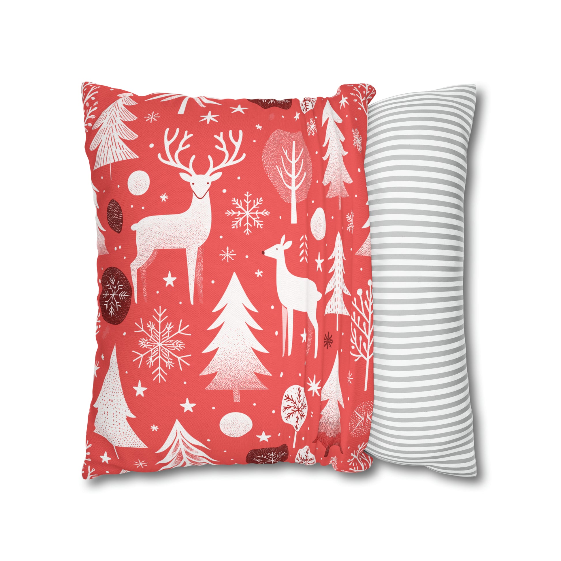 Red Holiday Pillowcase, Winter Pillow Case with Deers, Christmas Trees & Snowflakes, Holiday Gift    - HolidayShoppingFinds