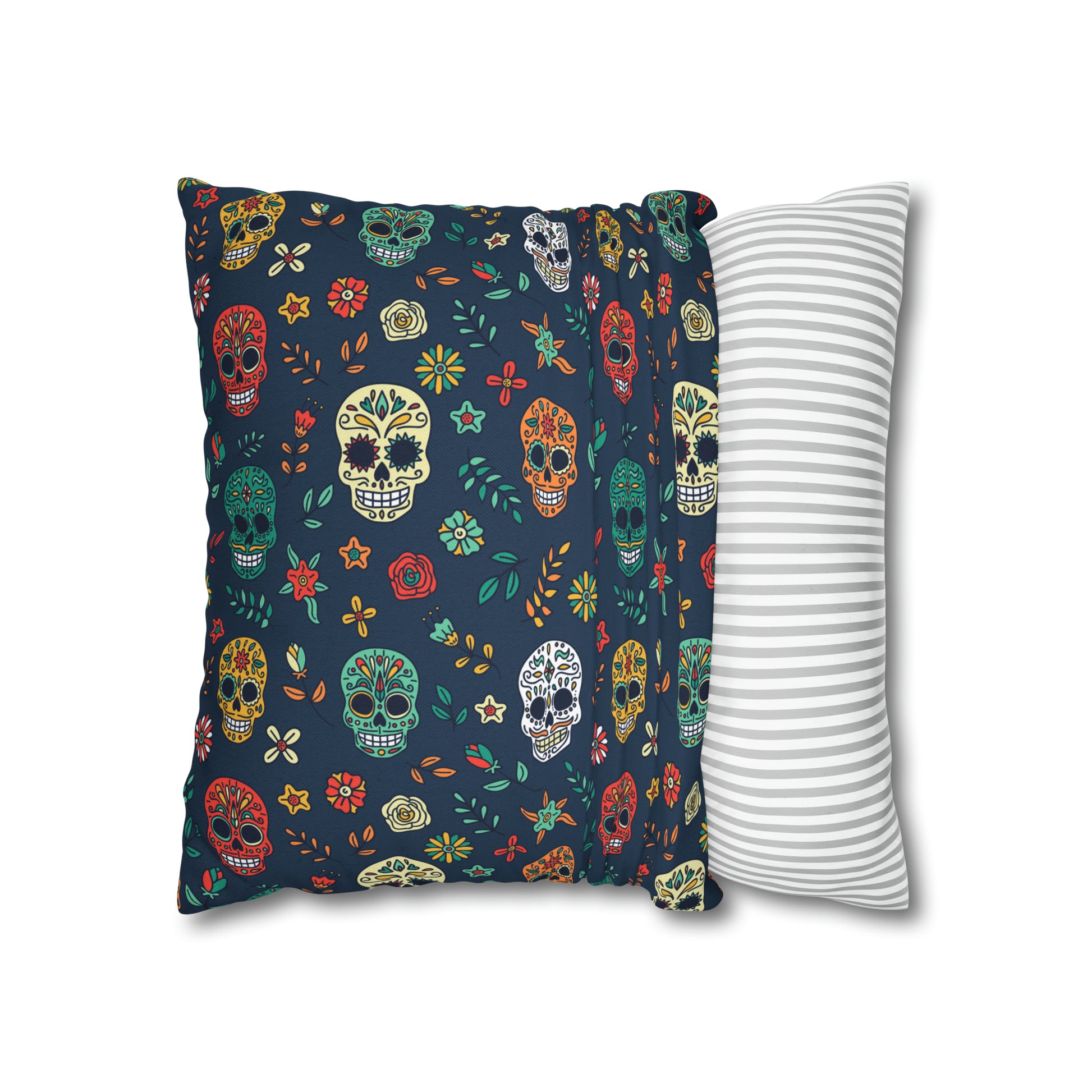 Sugar Skulls Pillowcase, Day of the Dead Pillow, Halloween Accent Blue Pillow Cover, Square Accent Pillow    - HolidayShoppingFinds