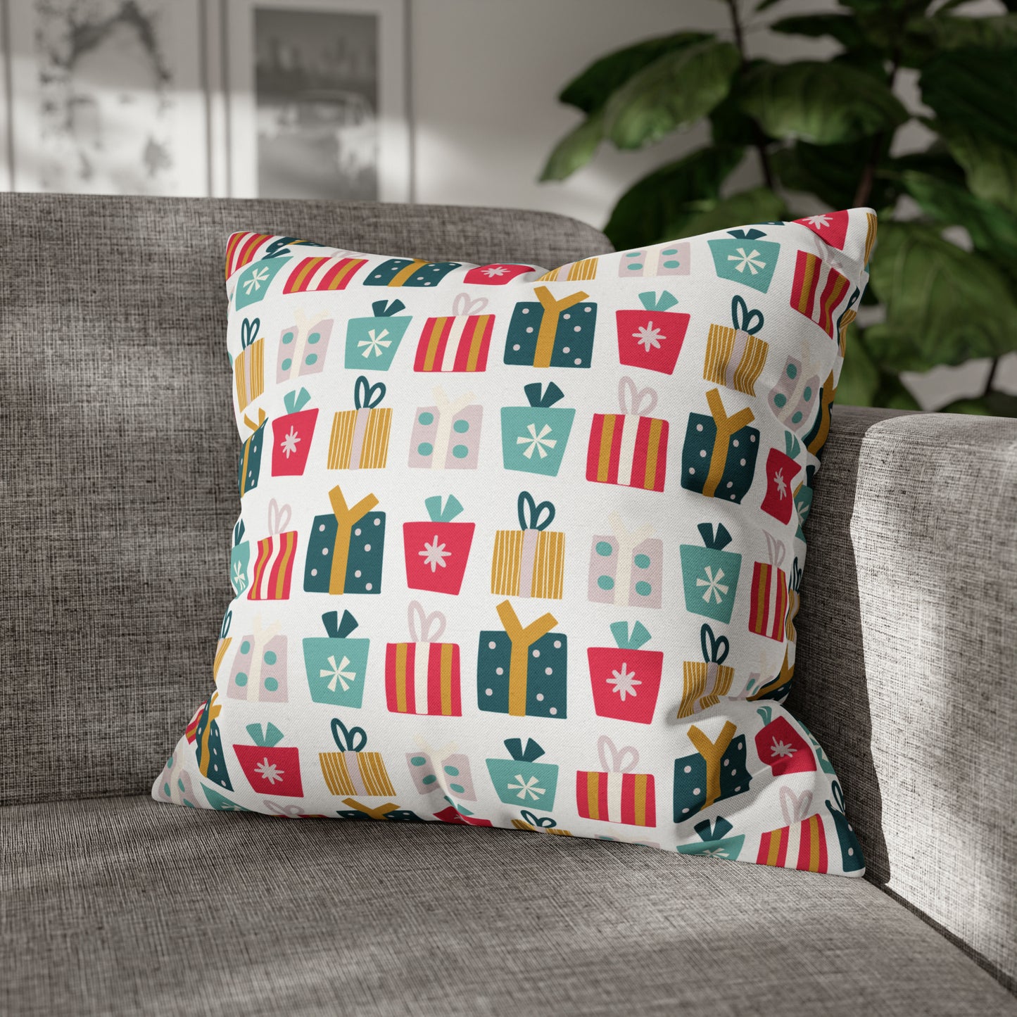 Gift Galore: Colorful Presents on White Square Pillow Case Throw 20" × 20"   - HolidayShoppingFinds