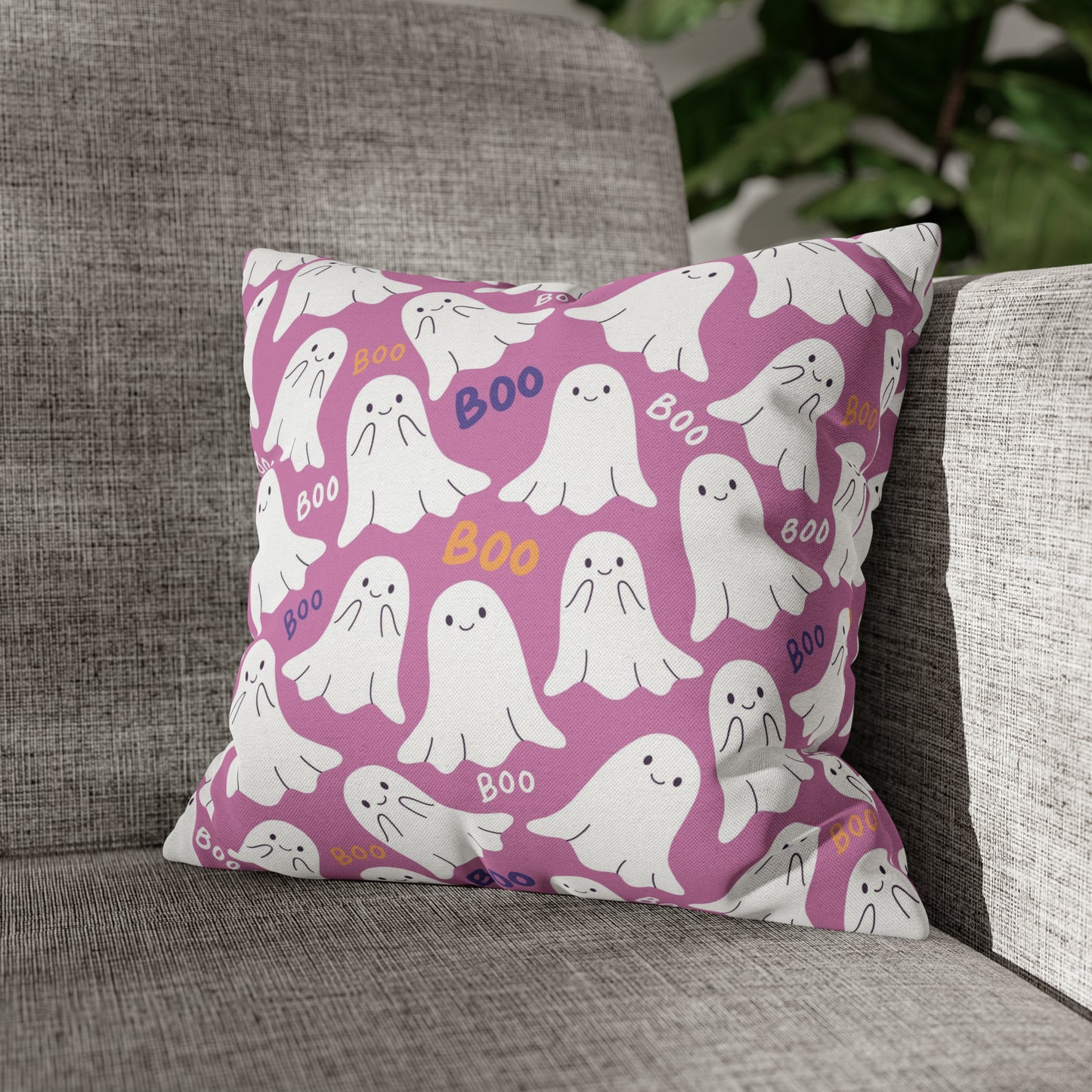 BOO Ghost Decorative Pillowcase Halloween Spooky Ghost Pillow Cover, Pink Square Pillow, 2-Sided Pillow Cover    - HolidayShoppingFinds