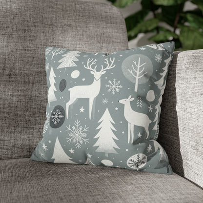 Reindeer Winter Wonderland Pillowcase Gray Holiday Pillow Christmas Gift, Holiday Gift (B) 14" × 14"   - HolidayShoppingFinds