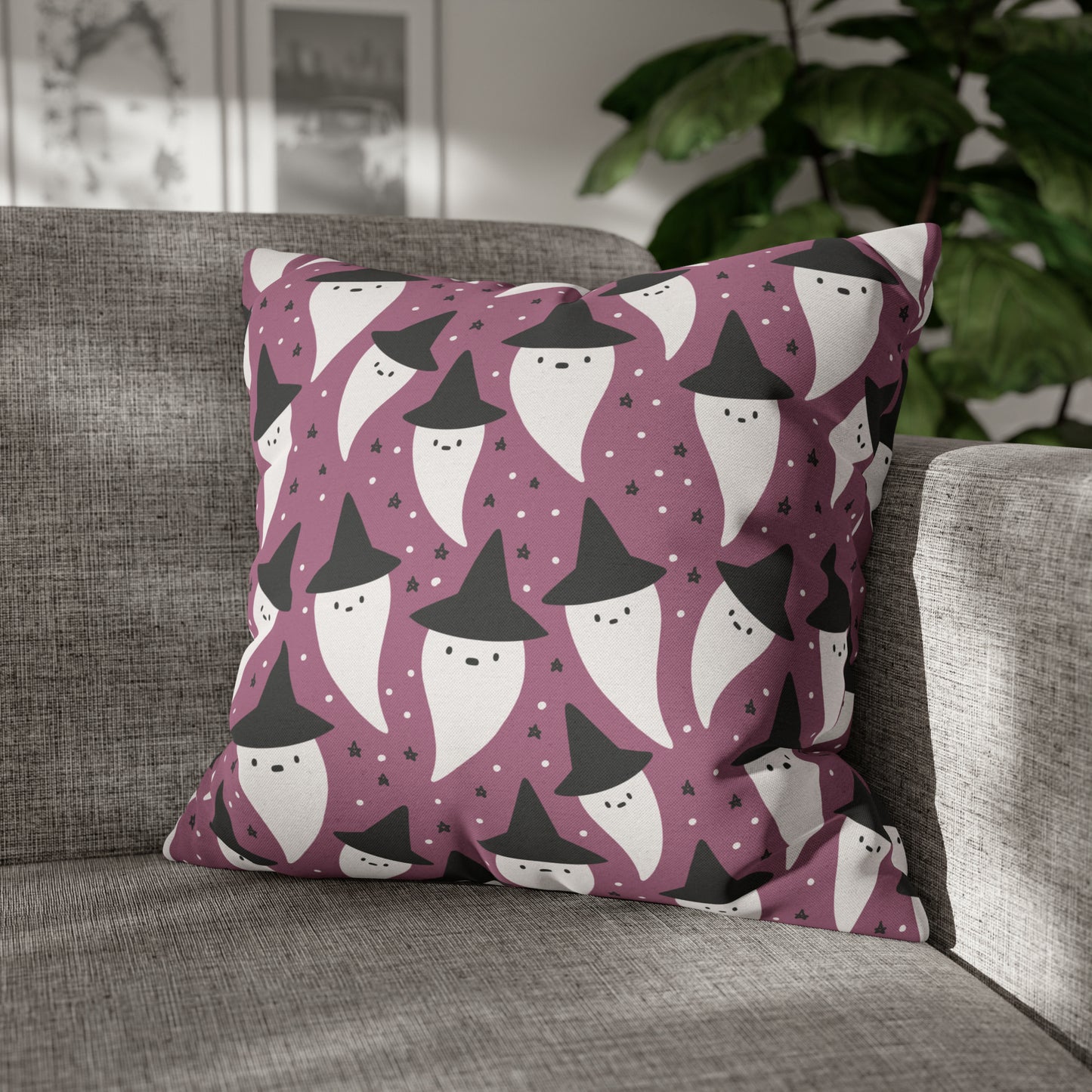 Whimsical Pillowcase, Spooky Ghosts Halloween Purple Pillow Cover, Square Accent Pillow Case 20" × 20"   - HolidayShoppingFinds