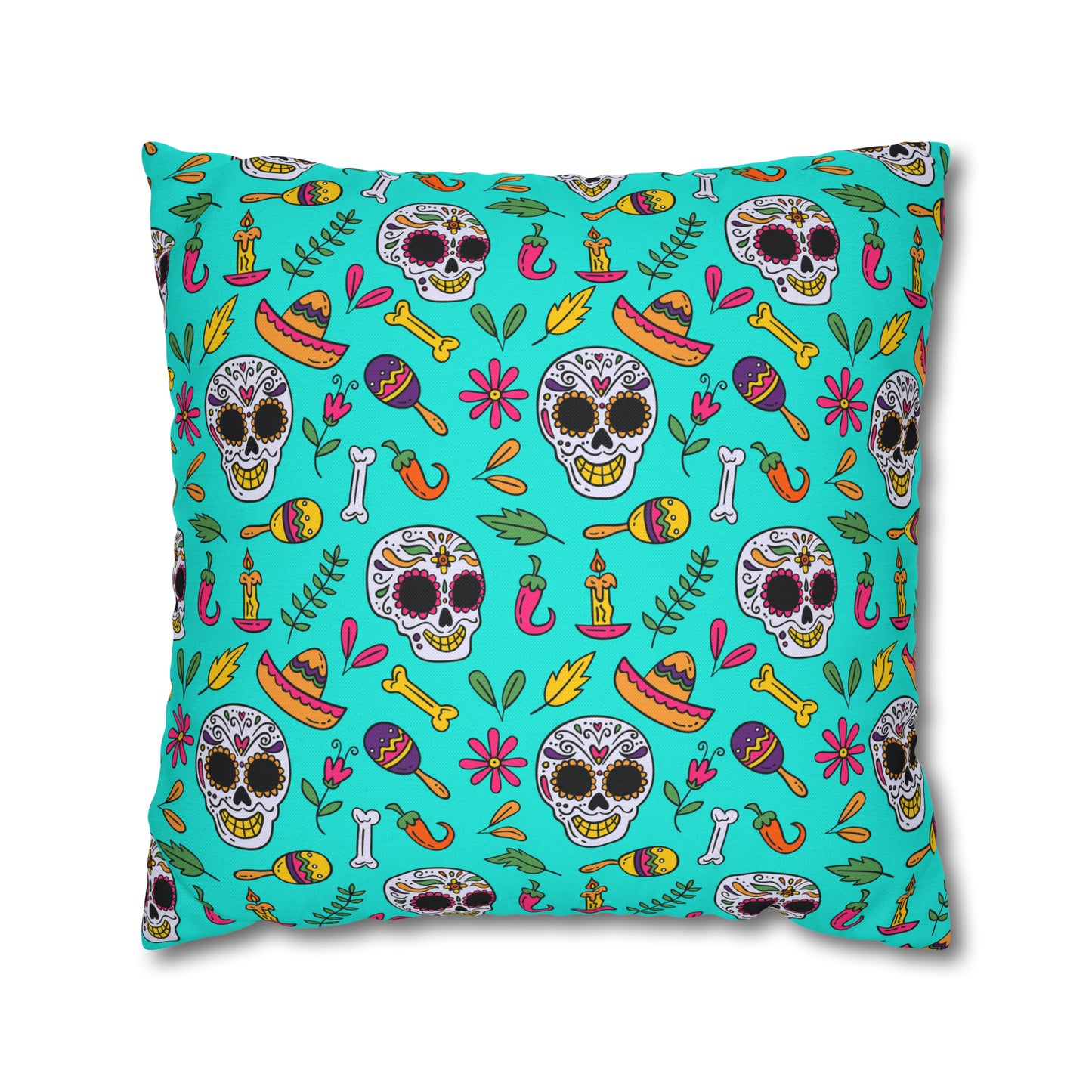 Sugar Skull Pillowcase, Day of the Dead Pillow Cover, Dia de Los Muertos Pillow, Halloween Pillow, Turquoise Decorative Square Pillow    - HolidayShoppingFinds