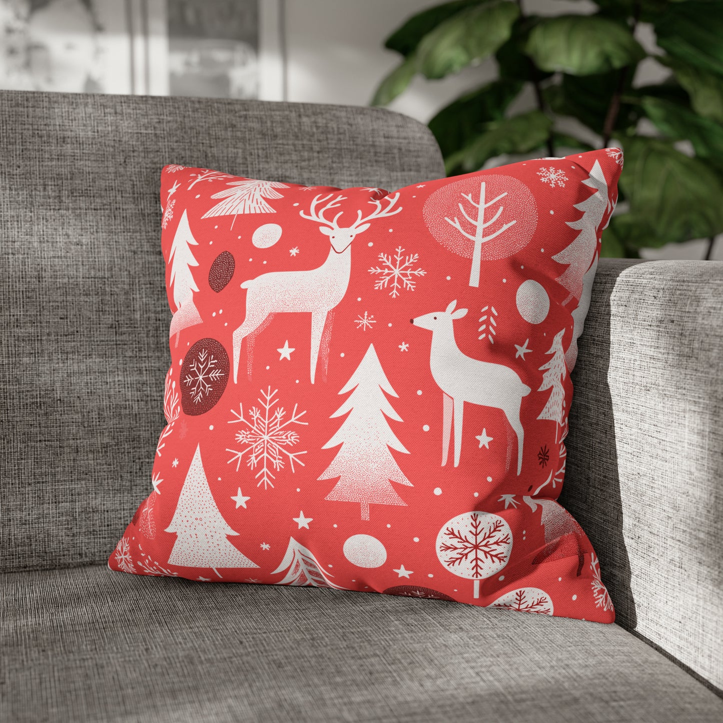 Red Holiday Pillowcase, Winter Pillow Case with Deers, Christmas Trees & Snowflakes, Holiday Gift 18" × 18"   - HolidayShoppingFinds